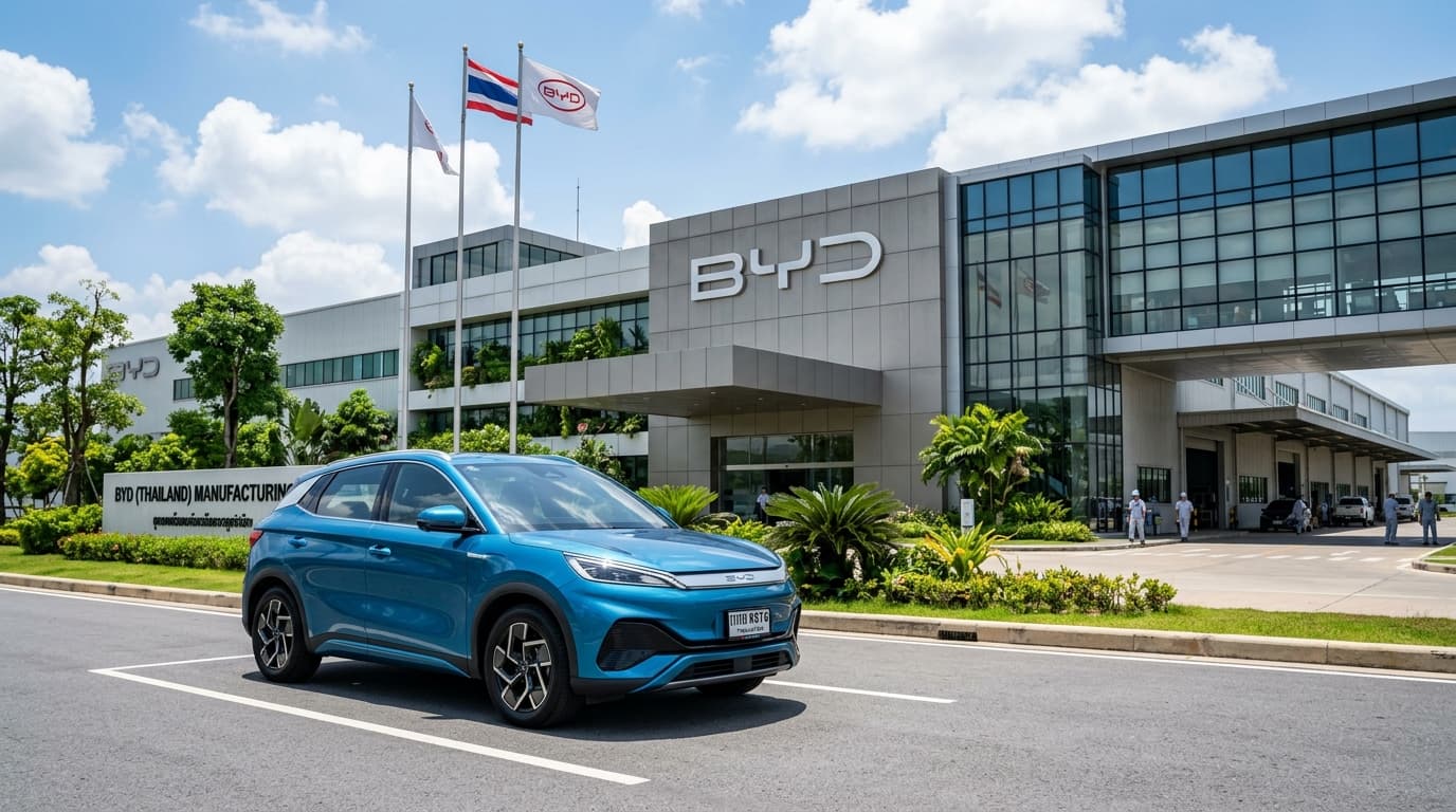 รถยนต์ไฟฟ้า BYD Atto 3 สีฟ้าจอดโดดเด่นอยู่หน้าอาคารโรงงานผลิตของ BYD ประเทศไทย ในจังหวัดระยอง