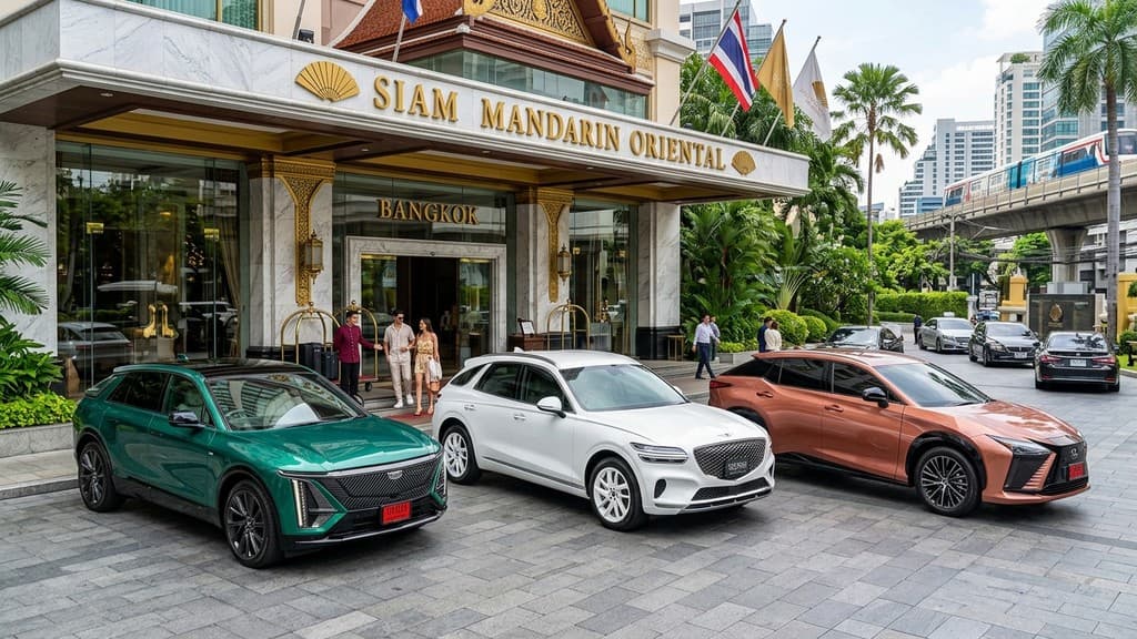 Cadillac Lyriq สีเขียวมรกต จอดเทียบกับ Genesis GV70 Electrified สีขาว และ Lexus RZ450e สีทองแดง ด้านหน้าโรงแรมหรู 5 ดาวในกรุงเทพฯ