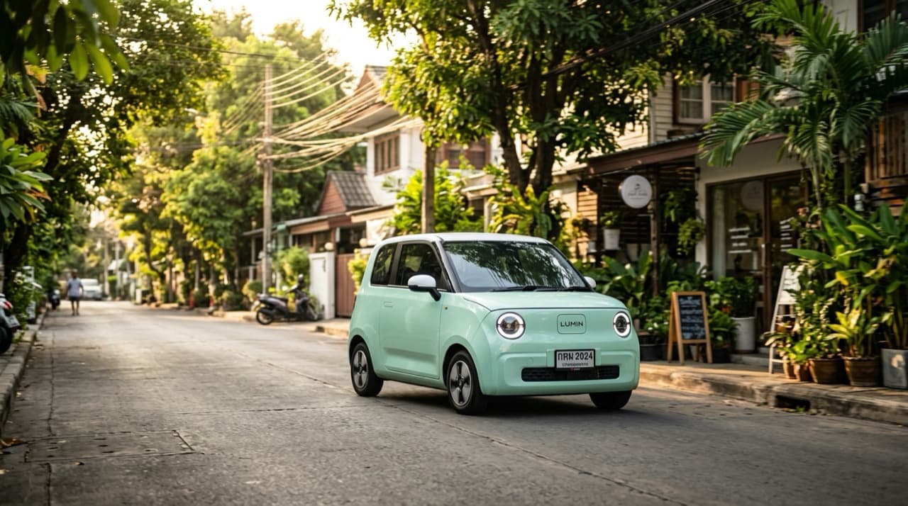 Changan Lumin รถยนต์ไฟฟ้าขนาดกะทัดรัดสีเขียวมิ้นต์ตัดหลังคาสีขาว ไฟหน้าตากลมโต ขับอย่างคล่องตัวบนถนนในซอยอารีย์ กรุงเทพมหานคร