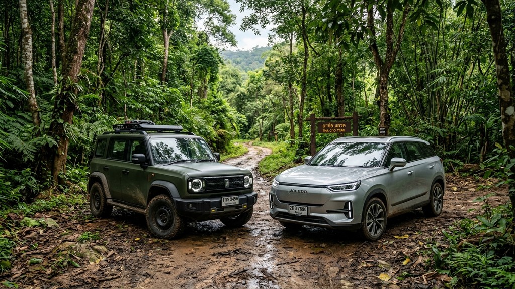 รถยนต์ไฟฟ้า Chery iCar V23 และ Jaecoo 5 EV จอดบนเส้นทางป่าในไทย