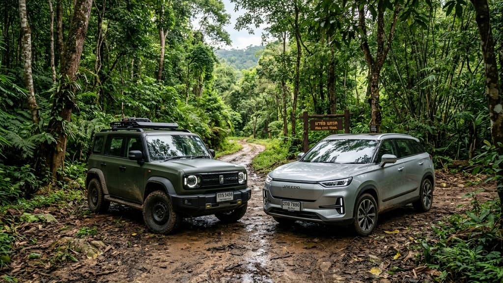 รถยนต์ไฟฟ้า Chery iCar V23 และ Jaecoo 5 EV จอดบนเส้นทางป่าในไทย