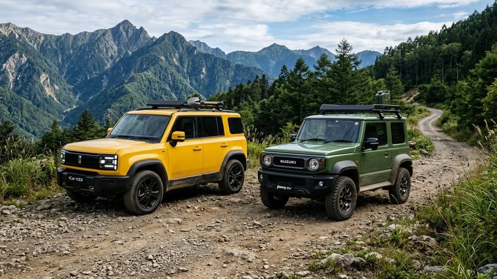 Chery iCar V23 จอดเปรียบเทียบกับ Suzuki Jimny EV บนเส้นทางออฟโรดภูเขา