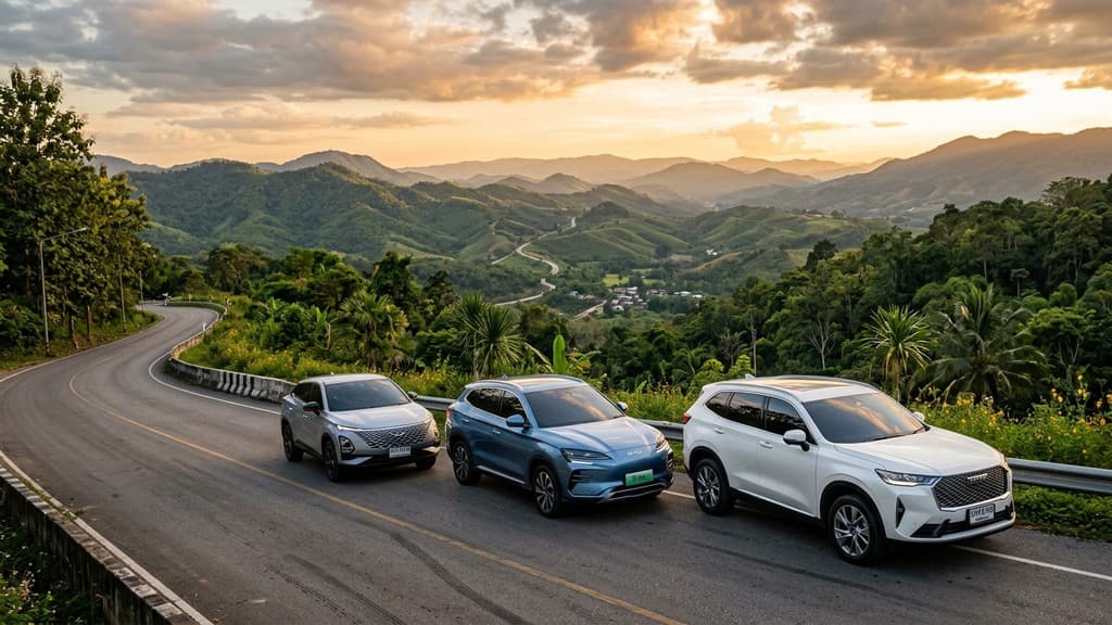 Chery Omoda C9 สีเงิน, BYD Sealion 6 DM-i สีฟ้า และ Haval H6 PHEV สีขาว จอดเรียงกันบนถนนคดเคี้ยวบนยอดดอยในจังหวัดน่าน ท่ามกลางบรรยากาศภูเขาเขียวขจีช่วงแสงเย็น