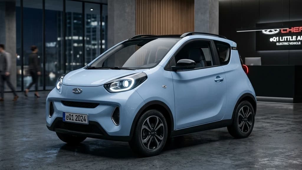 ภาพดีไซน์รถแฮทช์แบ็กไฟฟ้า Chery Q แบบ 3 ประตู สีพาสเทลจอดในโชว์รูมสไตล์มินิมอลโมเดิร์น