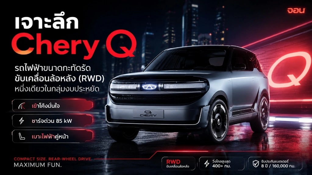 ภาพดีไซน์รถแฮทช์แบ็กไฟฟ้า Chery Q สีพาสเทลจอดในโชว์รูมสไตล์มินิมอลโมเดิร์น