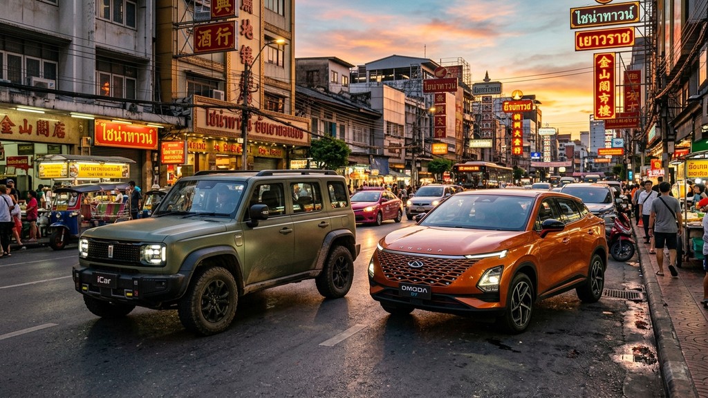 รถยนต์ไฟฟ้า Chery V23 สีเขียว และ Omoda C5 EV สีส้มจอดบนถนนย่านเยาวราช