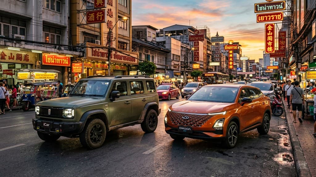 รถยนต์ไฟฟ้า Chery V23 สีเขียว และ Omoda C5 EV สีส้มจอดบนถนนย่านเยาวราช