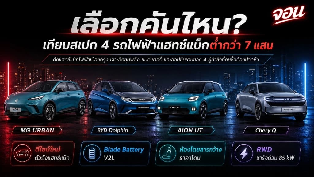 ภาพดีไซน์เปรียบเทียบรถแฮทช์แบ็กไฟฟ้าหลากรุ่นจอดเรียงรายสะท้อนเทคโนโลยียานยนต์ยุคใหม่