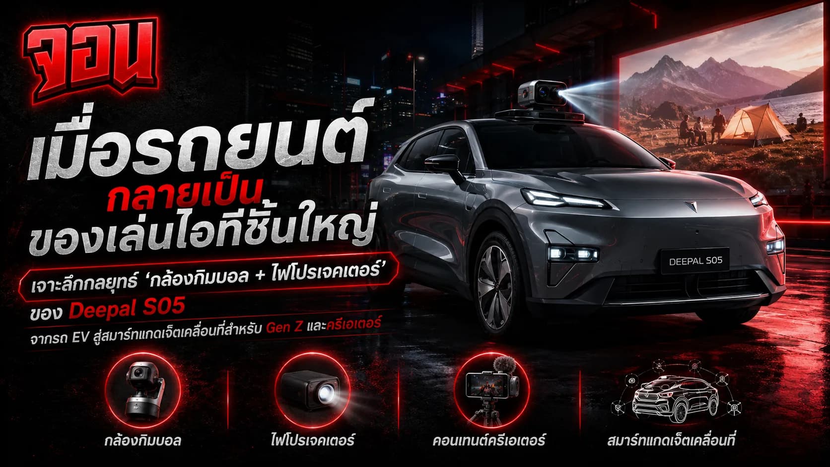 ภาพกราฟิกบรรยากาศแคมป์ปิ้งกลางคืนที่มีรถยนต์ไฟฟ้าสีขาวกำลังฉายภาพยนตร์ลงบนหน้าผาด้วยไฟหน้าโปรเจคเตอร์และมีกล้องกิมบอลติดอยู่บนหลังคารถ