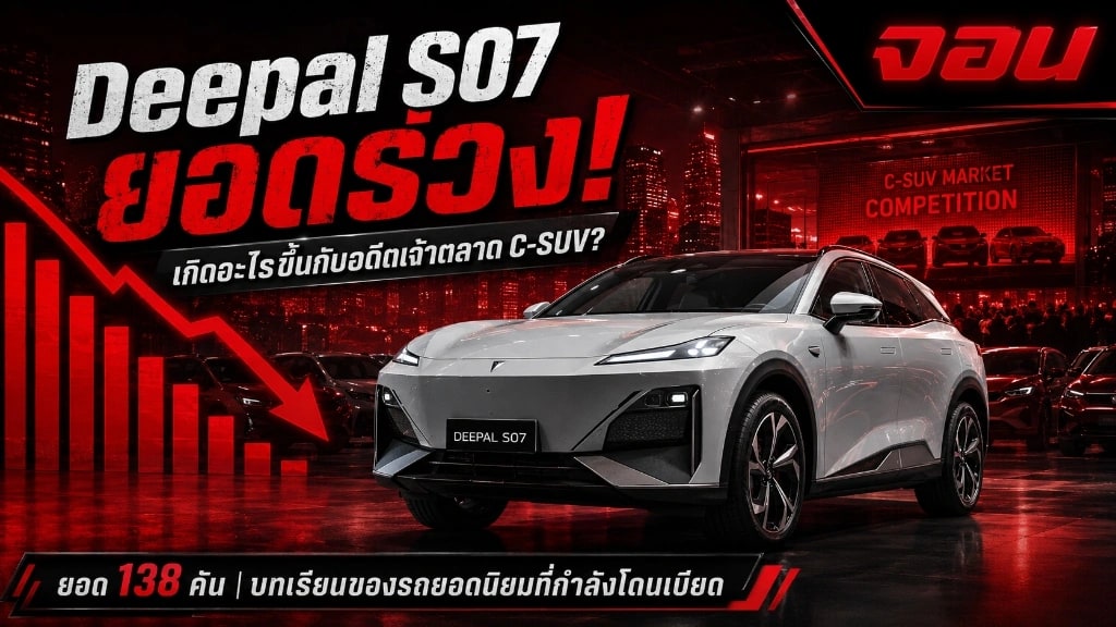 รถยนต์ไฟฟ้า Changan Deepal S07 สีเทาจอดเงียบๆ ท่ามกลางสายฝนและแสงสีนีออนสะท้อนพื้นถนนในเมืองใหญ่ยามค่ำคืน
