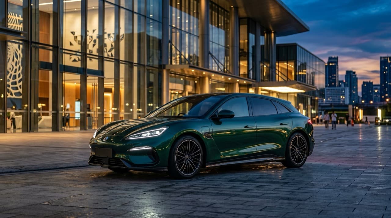 DENZA Z9GT รถสปอร์ตลักชัวรี Shooting Brake สีเขียวมรกตเข้ม จอดหน้าอาคารสถาปัตยกรรมกระจกหรูหราใจกลางกรุงเทพฯ ยามพลบค่ำ