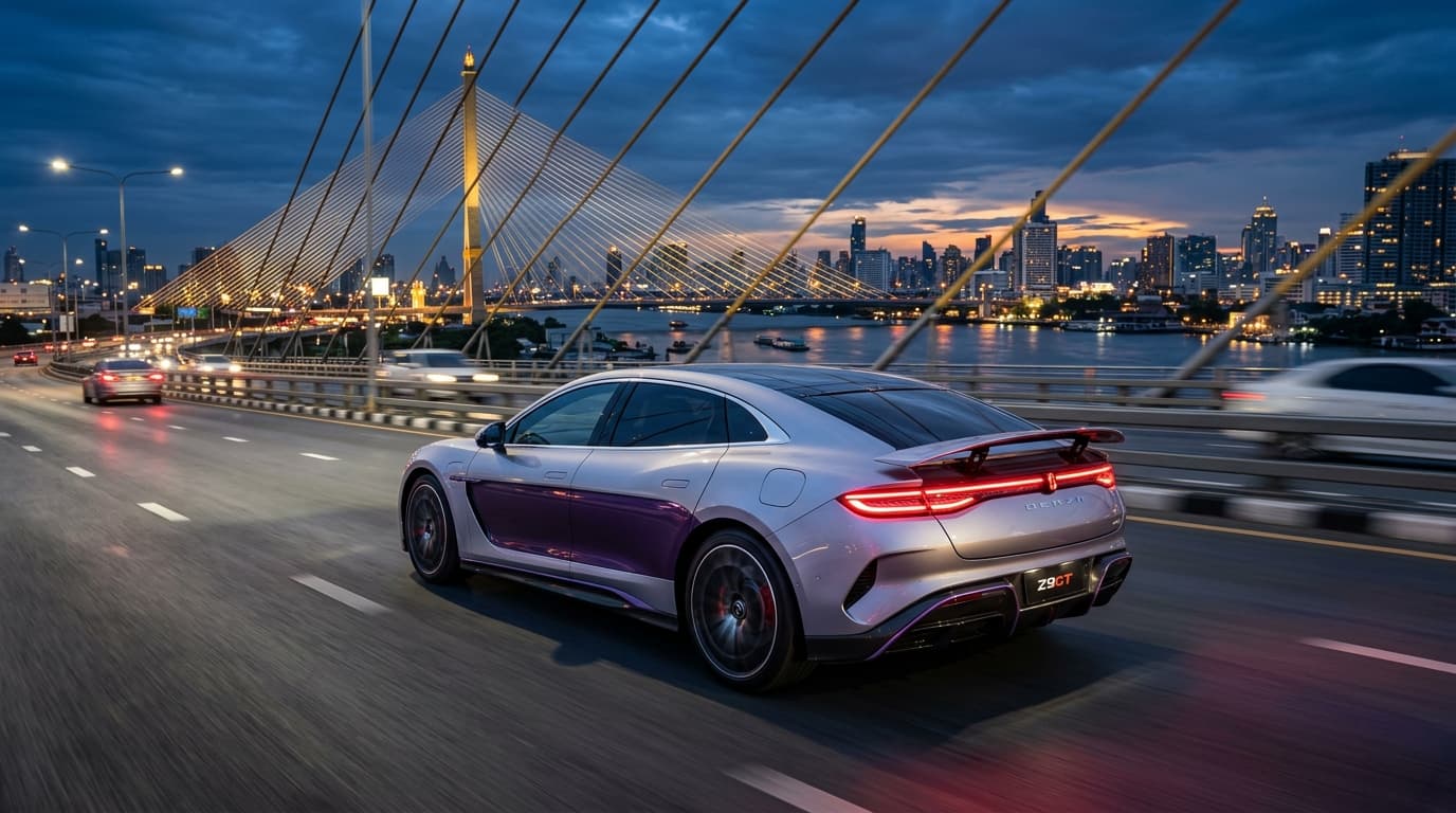 DENZA Z9GT รถสปอร์ตไฟฟ้าทรง Shooting Brake สีทูโทนเงินตัดม่วงอเมทิสต์ สปอยเลอร์หลังยกตัว วิ่งด้วยความเร็วสูงบนสะพานแขวนข้ามแม่น้ำเจ้าพระยายามพลบค่ำ