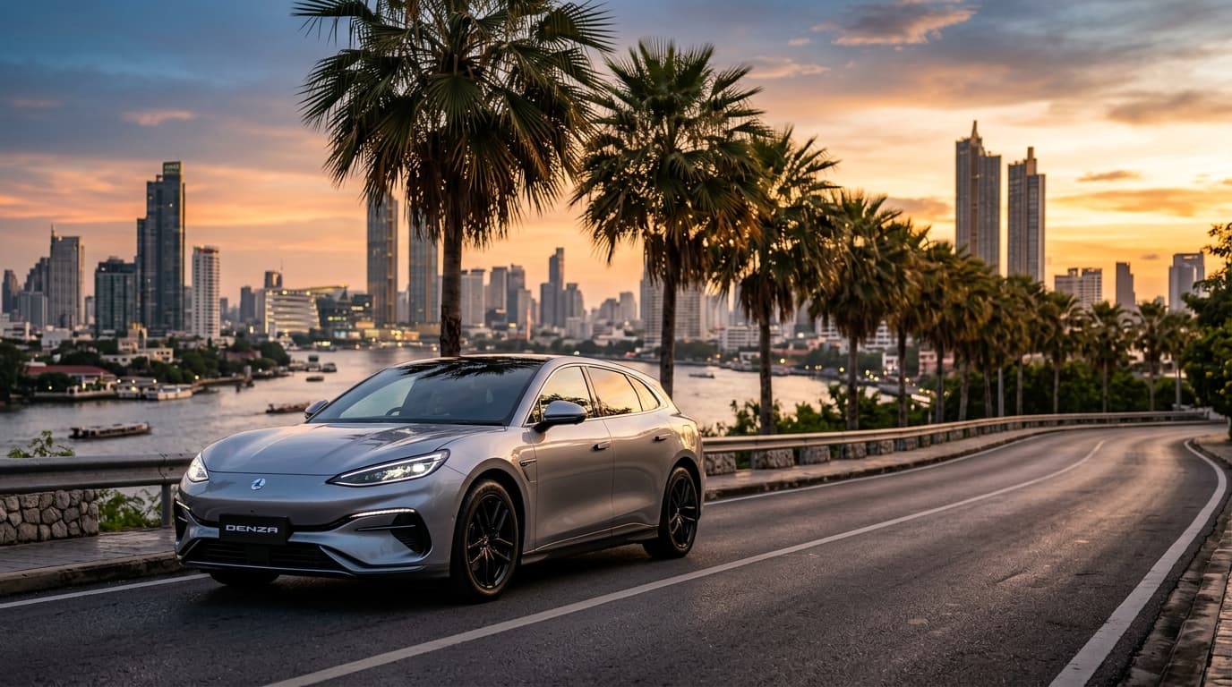 รถสปอร์ตไฟฟ้าสีเงินเทา Denza Z9GT ดีไซน์สไตล์ Shooting Brake จอดเด่นอยู่บนถนนโค้งเลียบแม่น้ำเจ้าพระยา กรุงเทพมหานคร ช่วงพระอาทิตย์ตกดิน