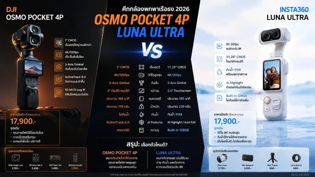 กล้องจิ๋วระดับพรีเมียม DJI Osmo Pocket 4P วางคู่กับ Insta360 Luna Ultra บนพื้นผิวสีดำกึ่งสะท้อนแสง มีแสงสีแดงแนวไซเบอร์พังก์ส่องสว่าง