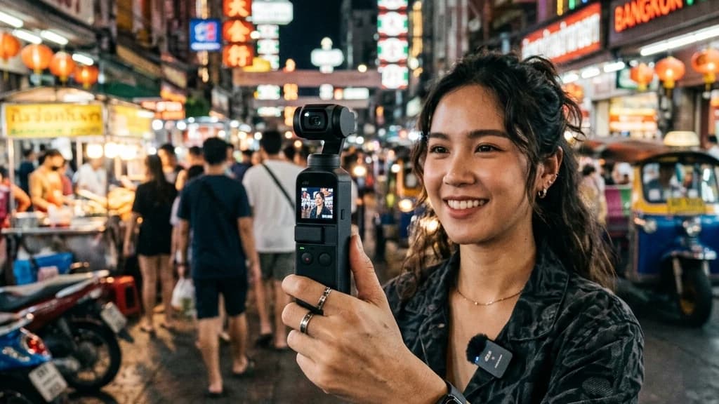 ครีเอเตอร์วิดีโอกำลังถือกล้อง pocket gimbal ขนาดเล็ก Vlogging ถ่ายตัวเองในย่านเยาวราชที่มีสีสันสดใสในกรุงเทพฯ