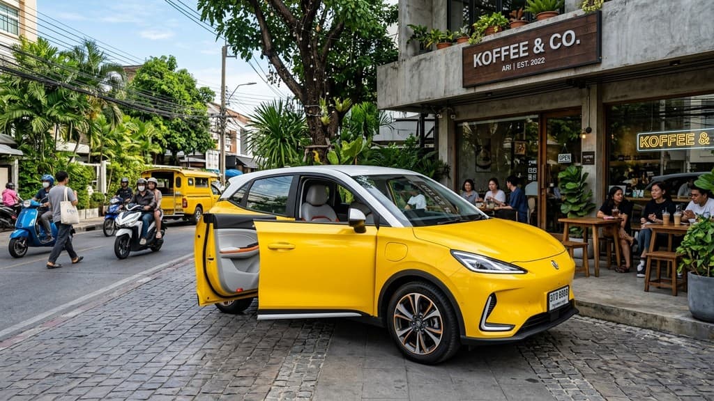 Dongfeng Nammi 01 สีเหลืองหลังคาขาวแบบทูโทน ประตูไร้กรอบเปิดอ้า จอดหน้าร้านกาแฟสไตล์มินิมอลในย่านอารีย์ กรุงเทพฯ