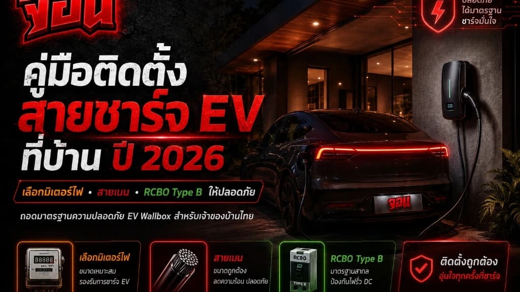 คู่มือติดตั้งสายชาร์จ EV ที่บ้าน ปี 2026 เลือกมิเตอร์ไฟ สายเมน RCBO Type B ให้ปลอดภัย