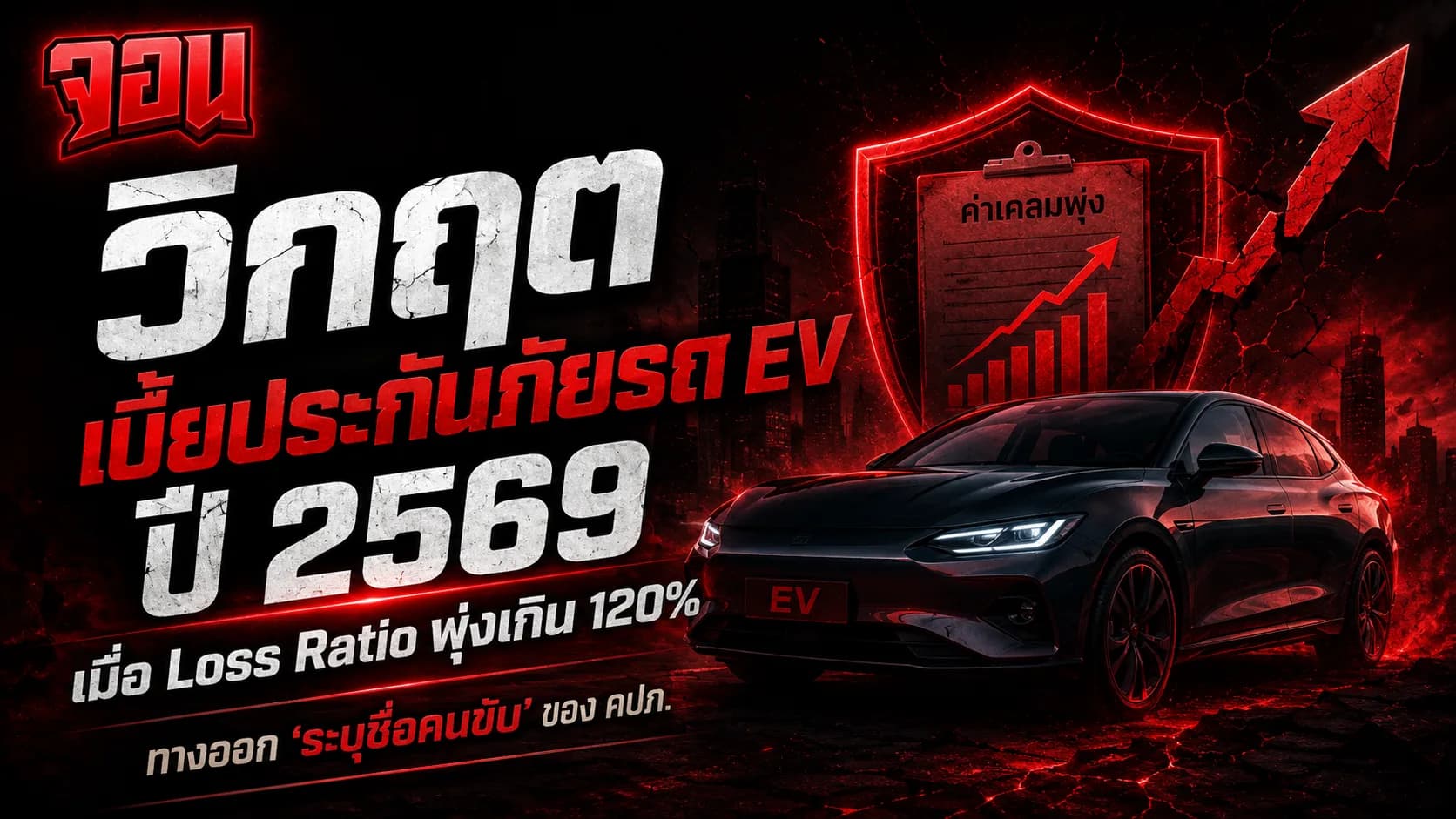 ภาพกราฟิกวิเคราะห์ทางเทคนิคของโครงสร้างแบตเตอรี่รถยนต์ไฟฟ้าที่มีสัญลักษณ์เตือนภัยและโล่ป้องกันสะท้อนความเสี่ยงและประกันภัยรถ EV