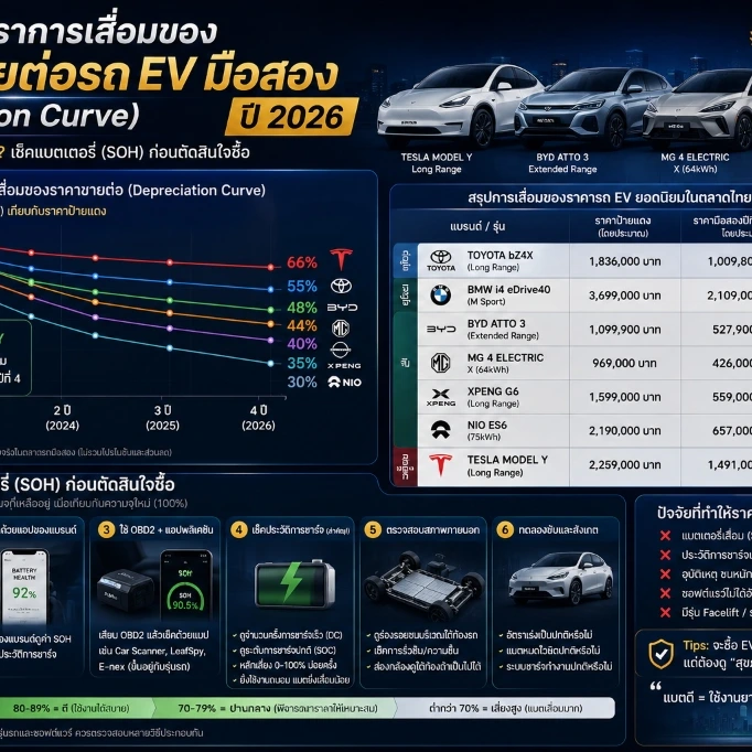ภาพแสดงกราฟราคาขายต่อและเส้นค่าเสื่อมราคาของรถยนต์ไฟฟ้าในตลาดมือสองไทยปี 2026