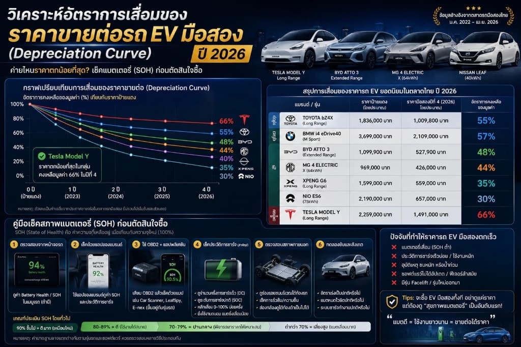 ภาพแสดงกราฟราคาขายต่อและเส้นค่าเสื่อมราคาของรถยนต์ไฟฟ้าในตลาดมือสองไทยปี 2026