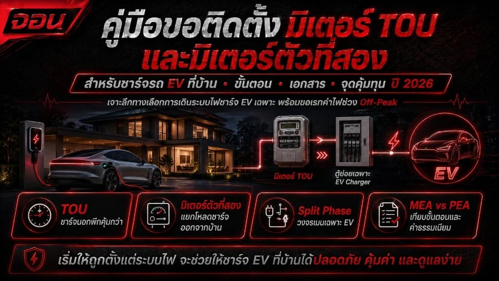 กราฟิกจำลองการทำงานของมิเตอร์ไฟฟ้าตัวที่สอง (Split Phase) และตู้ควบคุมเครื่องชาร์จ Wallbox ข้างรถยนต์ไฟฟ้าในบ้านโมเดิร์น
