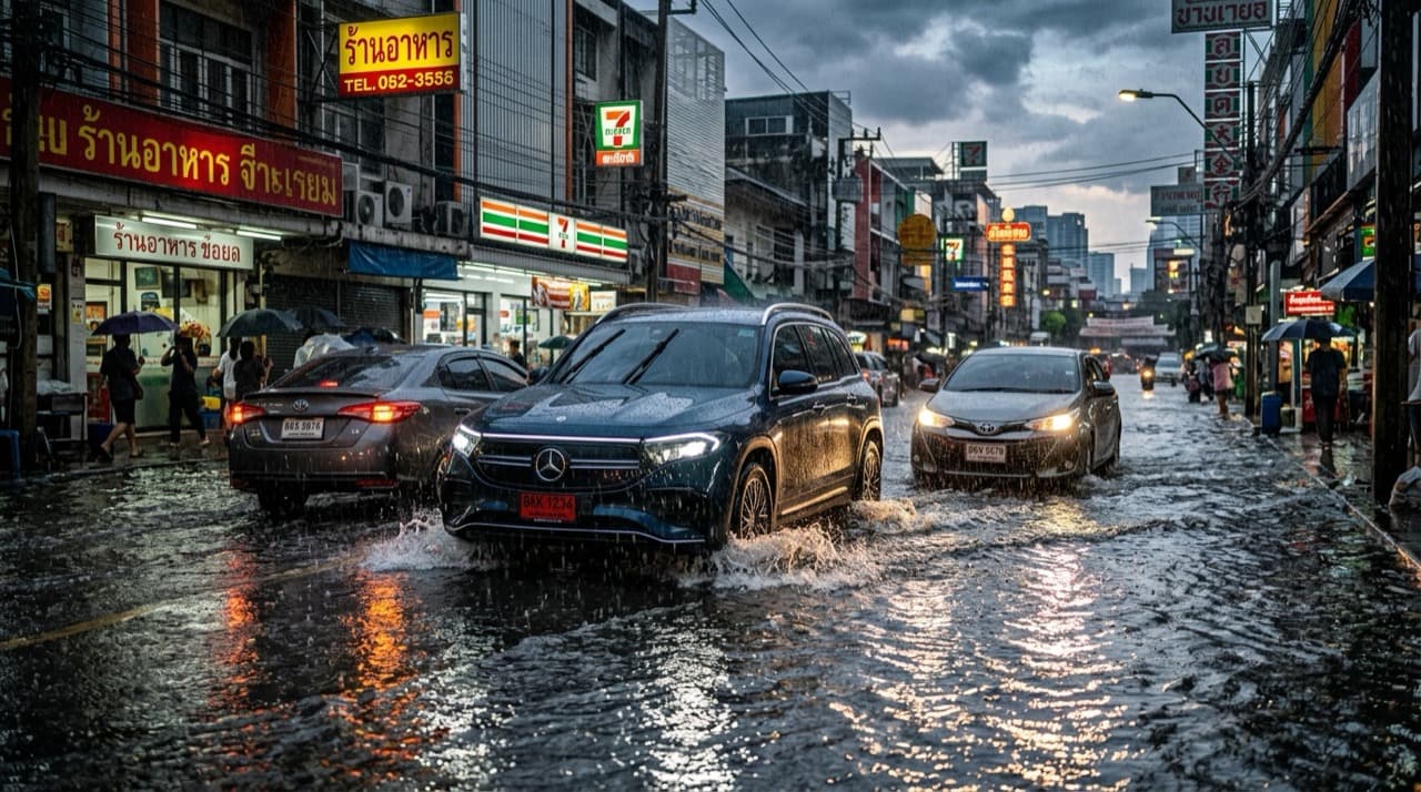 ภาพรถยนต์ไฟฟ้าและรถยนต์สันดาปขับลุยน้ำท่วมขังบนถนนในเมืองเวลากลางคืน สะท้อนแสงไฟหน้ารถระยิบระยับบนผิวน้ำ
