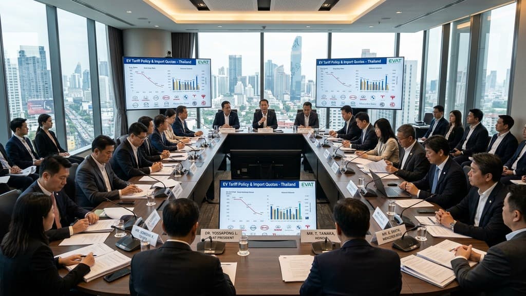 ภาพการประชุมระดับผู้บริหารระหว่างสมาคมยานยนต์ไฟฟ้าไทย EVAT และตัวแทน 19 ค่ายรถยนต์ชั้นนำ ณ กรุงเทพฯ กำลังพิจารณาเอกสารข้อเสนอนโยบายโควตาภาษีนำเข้ารถยนต์ไฟฟ้า BEV