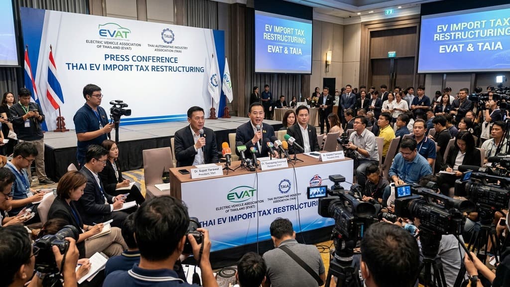 ผู้บริหารสมาคมยานยนต์ไฟฟ้าไทย EVAT และสมาคมอุตสาหกรรมยานยนต์ไทย TAIA ร่วมแถลงข่าวต่อสื่อมวลชน ณ กรุงเทพฯ