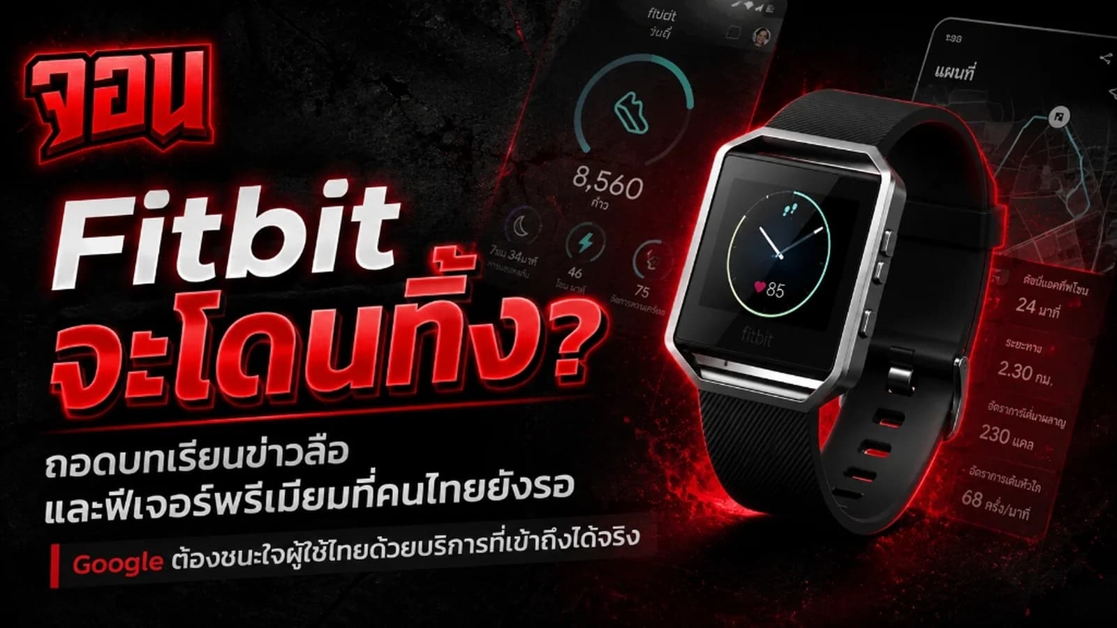 ภาพกราฟิกวิเคราะห์ธุรกิจที่มีตราสัญลักษณ์ Google และ Fitbit อยู่บนแผนที่ประเทศไทยและแผนผังทิศทางขยายตัวของเทคโนโลยีสวมใส่เพื่อสุขภาพ