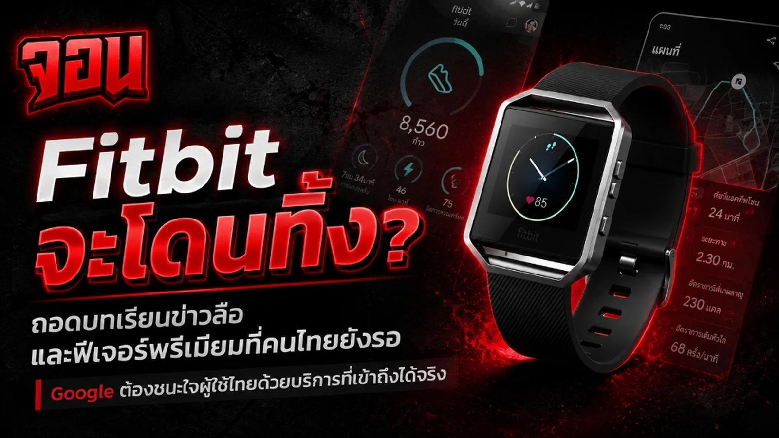 ภาพกราฟิกวิเคราะห์ธุรกิจที่มีตราสัญลักษณ์ Google และ Fitbit อยู่บนแผนที่ประเทศไทยและแผนผังทิศทางขยายตัวของเทคโนโลยีสวมใส่เพื่อสุขภาพ