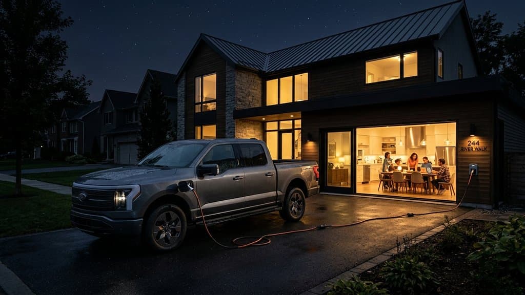 รถกระบะไฟฟ้า Ford F-150 Lightning จอดจ่ายไฟเข้าบ้านยามค่ำคืน