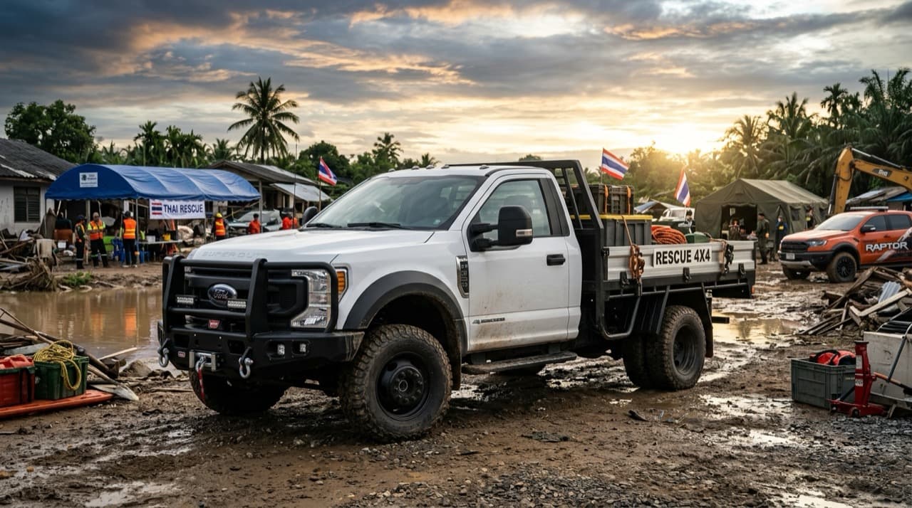 Ford Ranger SUPER DUTY สีขาว ติดตั้งกันชนหน้าเหล็กออฟโรดพร้อมวินช์ลากจูง จอดพร้อมปฏิบัติงานในพื้นที่กู้ภัยอุทกภัยฉุกเฉินในประเทศไทย
