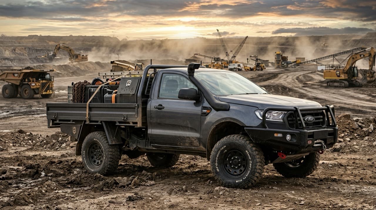 ภาพรถกระบะหัวเดี่ยวแชสซีส์ Ford Ranger Super Duty สีเทาเข้ม เสริมกันชนหน้าเหล็กกล้าและยางออฟโรดขนาดใหญ่ จอดกลางไซต์งานเหมืองแร่อย่างบึกบึน
