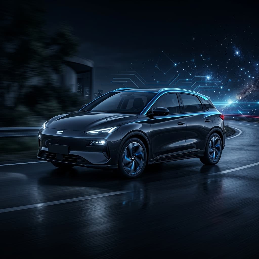 ภาพ Geely EX2 Galaxy รุ่นปรับโฉม 2026 ขับบนถนนกลางคืนพร้อมเอฟเฟกต์กาแล็กซีดิจิทัลสีน้ำเงิน