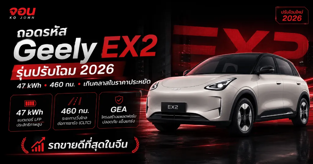 ภาพอินโฟกราฟิกเด่นระบุหัวข้อ ถอดรหัส Geely EX2 รุ่นปรับโฉม 2026 รถขายดีที่สุดในจีน โดย Ko John