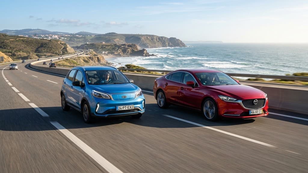 รถยนต์ไฟฟ้า Geely EX2 สีฟ้า และ Mazda 6e สีแดงขับบนถนนเลียบชายหาด