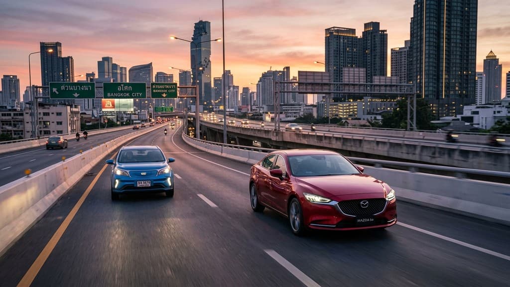 รถยนต์ไฟฟ้า Geely EX2 สีฟ้า และ Mazda 6e สีแดงวิ่งบนทางด่วนกรุงเทพฯ
