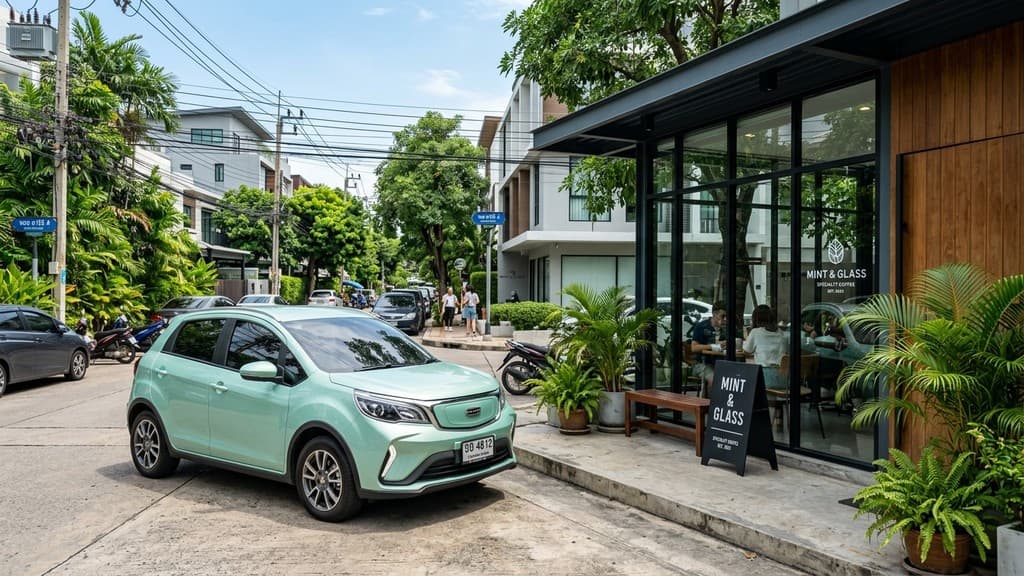 Geely EX2 (Xingyuan) สีเขียวพาสเทลมินต์ รถยนต์ไฟฟ้าแฮทช์แบ็ก 5 ประตู จอดหน้าคาเฟ่กระจกมินิมอลในย่านอารีย์ กรุงเทพฯ ท่ามกลางแสงแดดธรรมชาติ