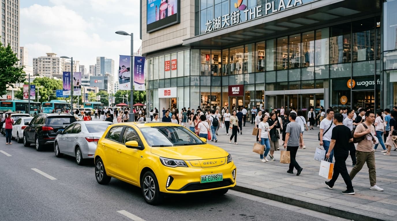 รถเก๋งไฟฟ้าแฮทช์แบ็กขนาดกะทัดรัดสีเหลือง Geely Xingyuan จอดอยู่ด้านนอกห้างสรรพสินค้าคนเดินพลุกพล่านใจกลางเมืองหลวง