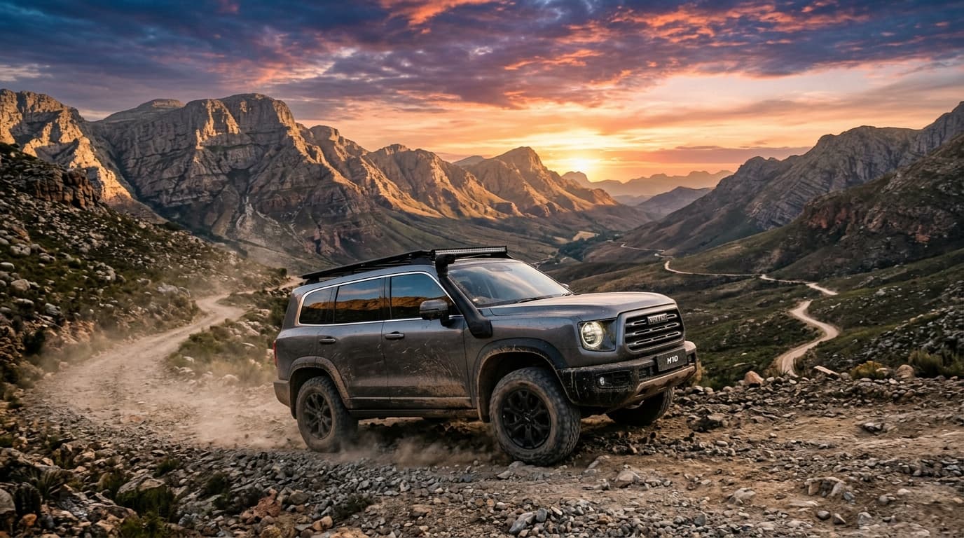 รถเอสยูวีสีเทาเข้มทรงกล่องรุ่น GWM Haval H10 วิ่งลุยเส้นทางวิบากท่ามกลางภูเขาสูงในยามอาทิตย์อัสดง