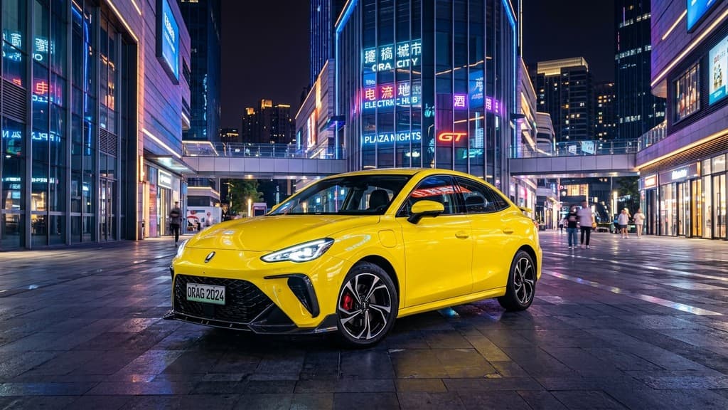 GWM ORA 5 GT สีเหลือง Lightning Yellow ตกแต่งสไตล์สปอร์ตพร้อมลิ้นหน้า คาลิปเปอร์เบรกสีแดง และล้อทอร์นาโด 19 นิ้ว จอดโชว์กลางลานสถาปัตยกรรมล้ำสมัยยามค่ำคืน