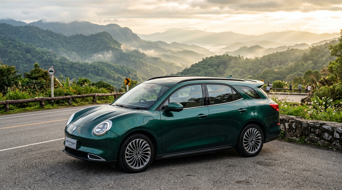 GWM ORA 5 Wagon รถยนต์สเตชันวากอนทรงสปอร์ตสีเขียวเมทัลลิก จอดชมวิวภูเขาสวยงามยามเช้าในภาคเหนือของไทย สะท้อนไลฟ์สไตล์การเดินทางท่องเที่ยวแบบครอบครัว
