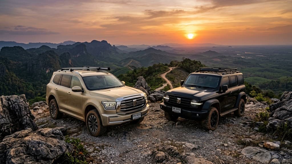 รถยนต์ GWM TANK 500 Hi4-T สีทอง และ Tank 300 EV สีดำจอดบนยอดเขาในไทย