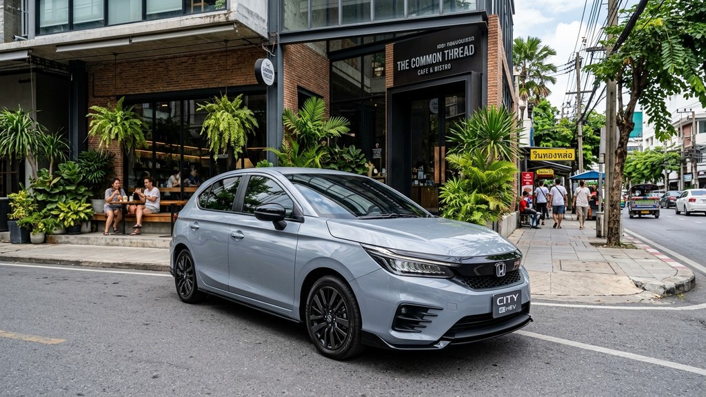 Honda City Hatchback e:HEV RS สีเทาโซนิคเกรย์ รถยนต์ 5 ประตูดีไซน์สปอร์ต จอดหน้าคาเฟ่สไตล์โมเดิร์นย่านทองหล่อ กรุงเทพฯ
