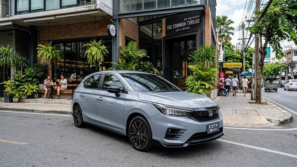 Honda City Hatchback e:HEV RS สีเทาโซนิคเกรย์ รถยนต์ 5 ประตูดีไซน์สปอร์ต จอดหน้าคาเฟ่สไตล์โมเดิร์นย่านทองหล่อ กรุงเทพฯ