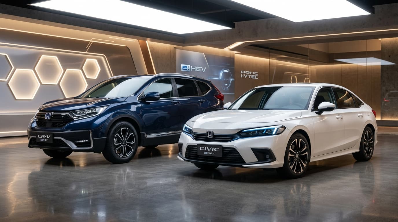 รถยนต์ Honda Civic และ CR-V ในโชว์รูมสตูดิโอหรูหรา สะท้อนการเปลี่ยนผ่านด้านภาพลักษณ์จากตราสัญลักษณ์ e:HEV สู่ชื่อ Honda Hybrid ยุคใหม่