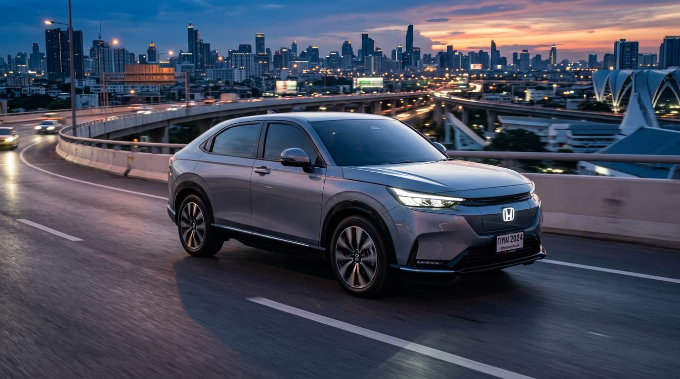 Honda e:N2 รถยนต์ไฟฟ้า 100% ตัวถัง Fastback Crossover สีเทาเมทัลลิก ดีไซน์ล้ำสมัยโลโก้ H เรืองแสง วิ่งบนทางด่วนลอยฟ้าใจกลางเมืองยามพลบค่ำ