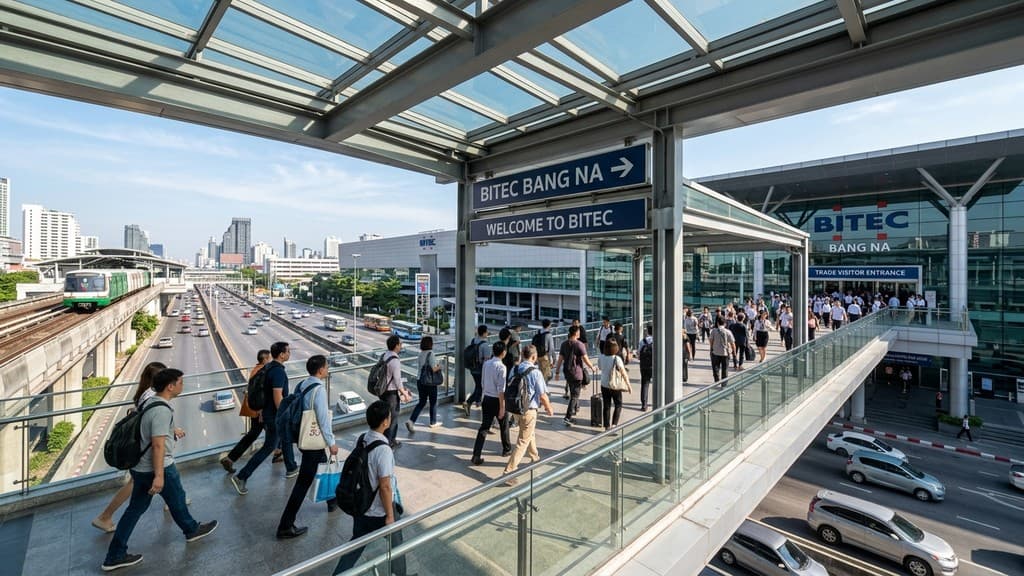 ทางเดินลอยฟ้า Skywalk กระจกใสเชื่อมต่อจากสถานีรถไฟฟ้า BTS บางนา เข้าสู่อาคารศูนย์นิทรรศการและการประชุมไบเทค บางนา