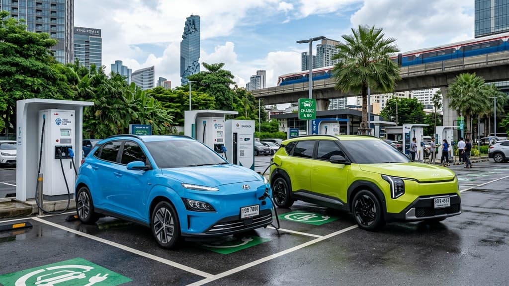 Hyundai Kona Electric สีฟ้าจอดเปรียบเทียบกับ Kia EV3 สีเขียวมะนาว ณ สถานีชาร์จในกรุงเทพฯ