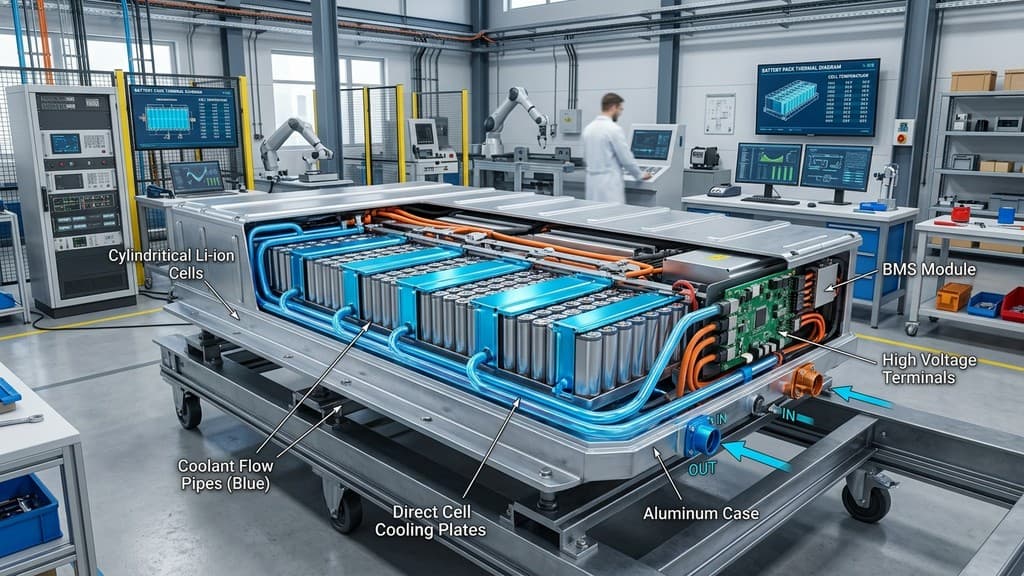 ภาพกราฟิกเชิงวิศวกรรมแสดงระบบท่อระบายความร้อน Liquid Cooling ไหลเวียนผ่านแพกแบตเตอรี่รถยนต์ไฟฟ้า